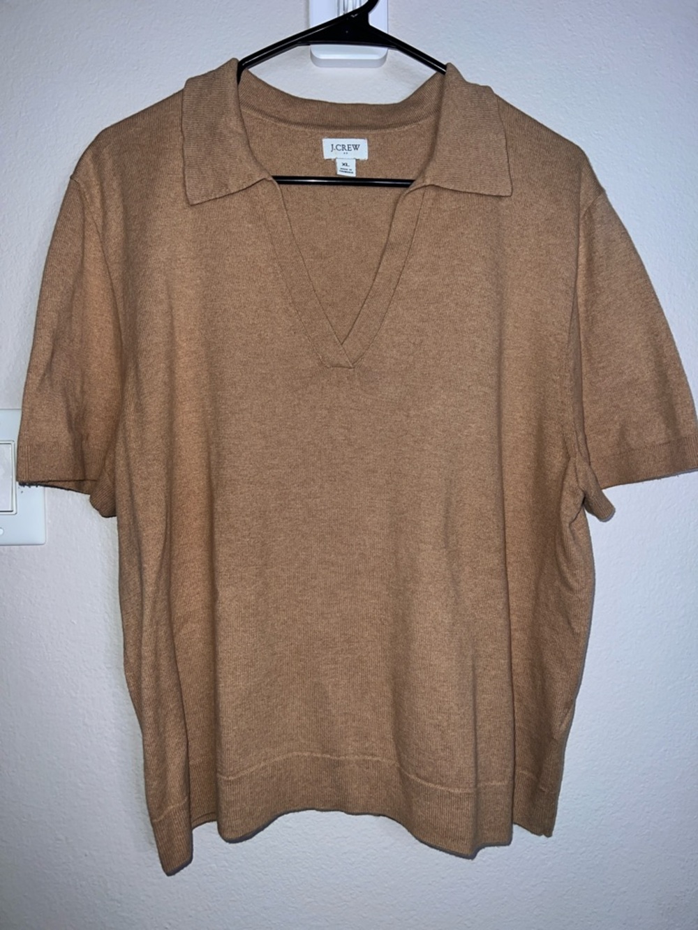 J. Crew Camel Short-Sleeve V-Neck Top 95%Cotton 5%Cashmere